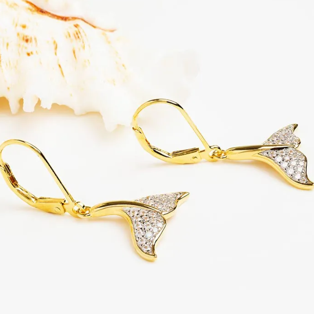 Ocean 14kt Gold Vermeil CZ Whale Tail Drop Earrings