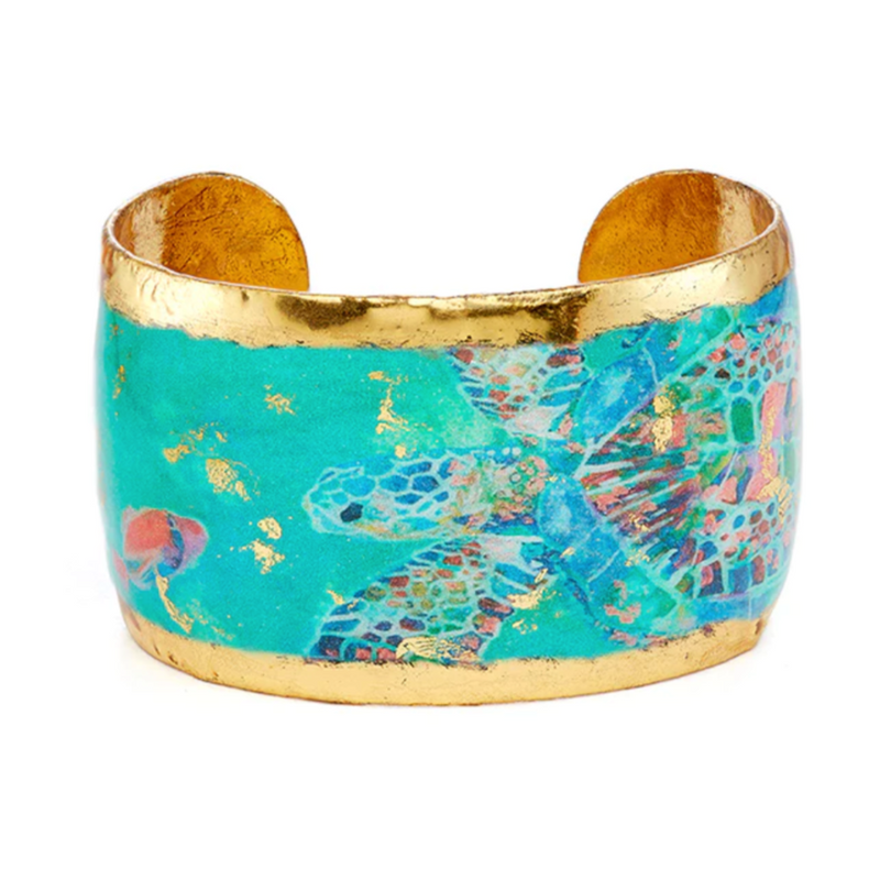 Green Mosaic Sea Turtle Evocateur Gold 1.5in Cuff Bracelet