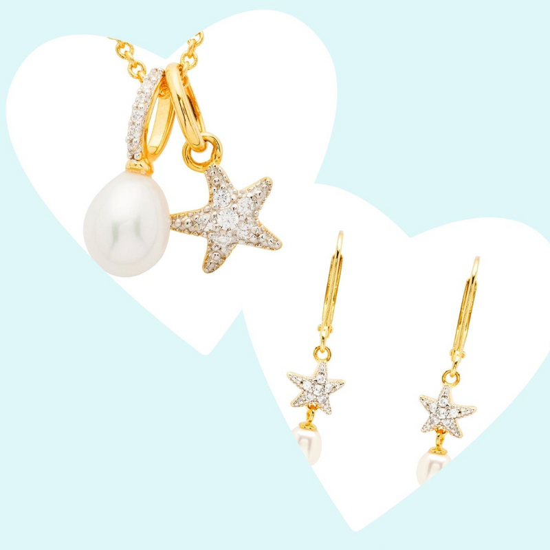14KT Gold Vermeil Star Fish and Pearl Drop Earrings