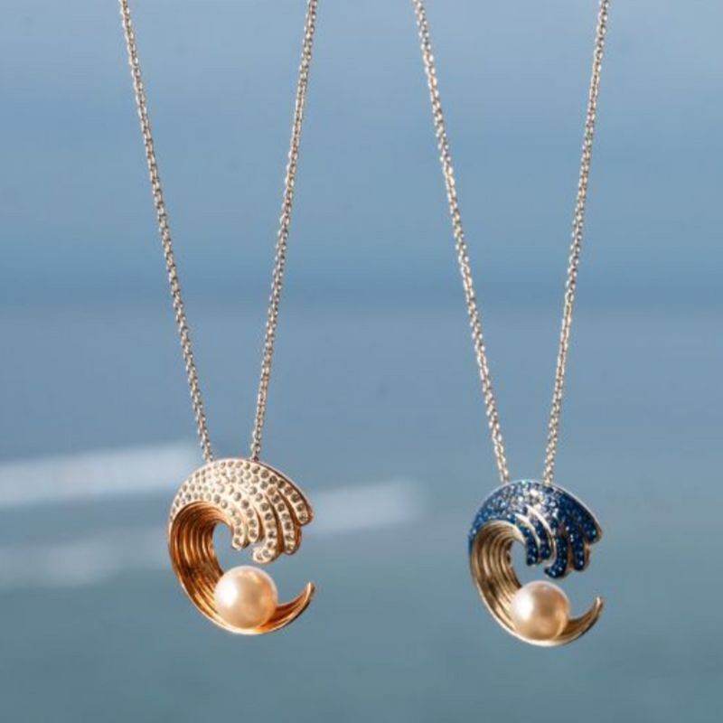 Sterling Silver Pearl/Crystal Rose Gold Wave Necklace