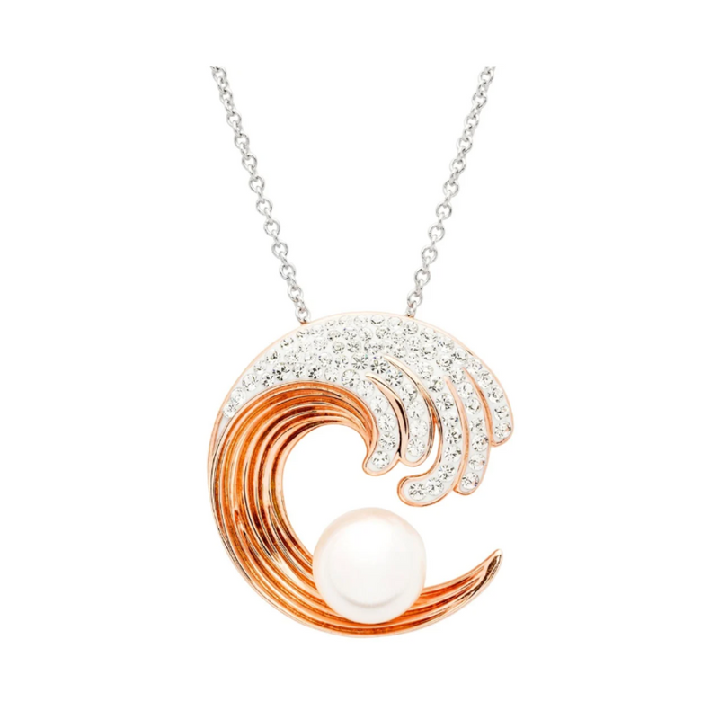 Sterling Silver Pearl/Crystal Rose Gold Wave Necklace